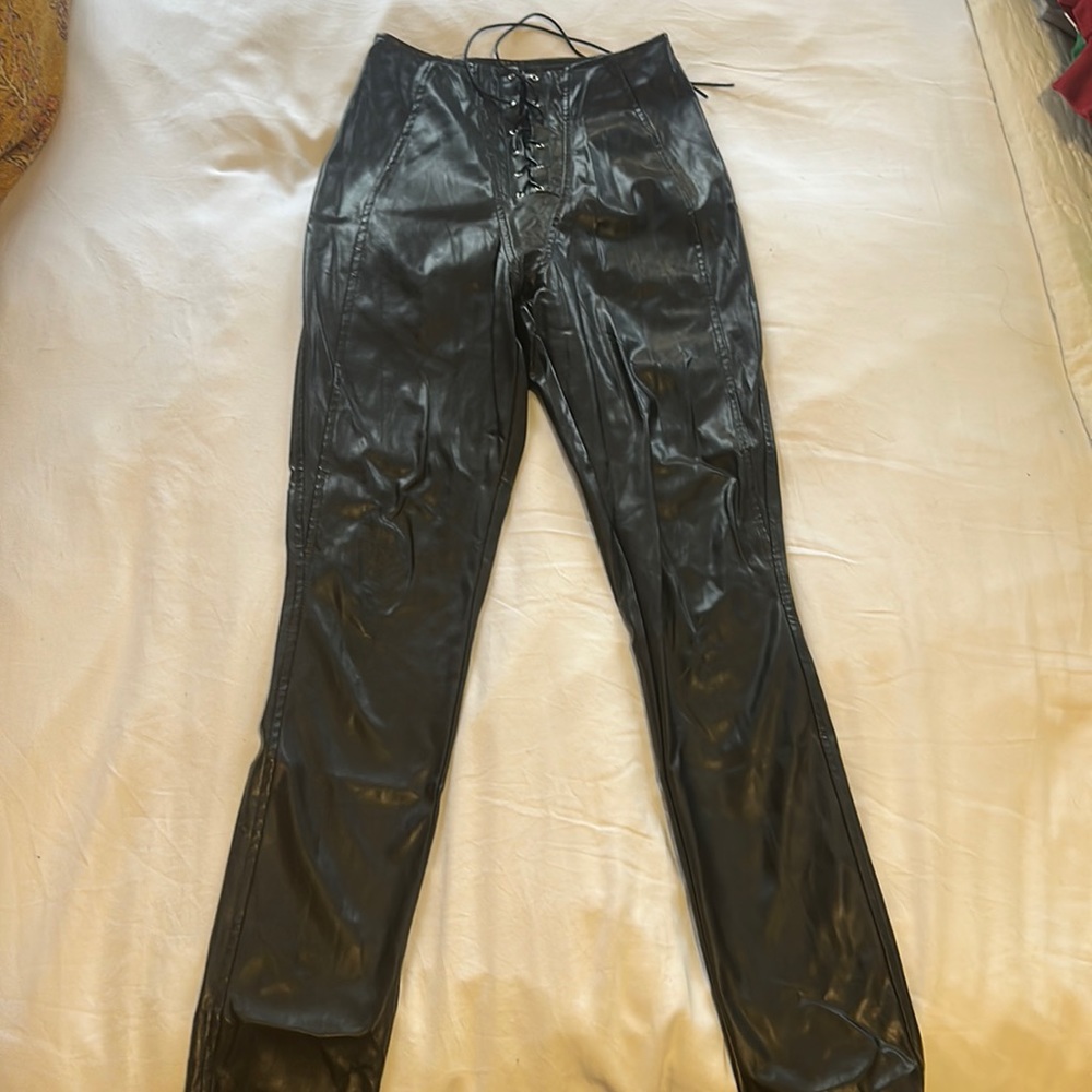 Pretty Little Thing lace up black leather leggings size 2